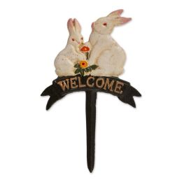 Accent Plus Cast Iron Bunny Rabbits Welcome Flower Pot Stake