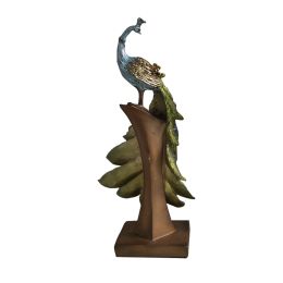 Polystone Decorative Peacock Figurine with Block Stand; Green and Gold; DunaWest