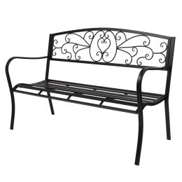 51" Patio Park Garden Outdoor Bench Patio Porch Chair Deck Iron Frame Black YF