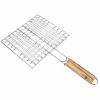 Iron Wire Barbecue Grilling Basket BBQ Net Wooden Handle Meat Fish Clip Holder