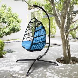 Swing Egg Chair with Stand Indoor Outdoor Wicker Rattan Patio Basket Hanging Chair with C Type bracket ;  with cushion and pillow; Patio Wicker foldin (Color: Blue)