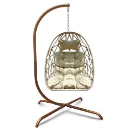 Swing Egg Chair with Stand Indoor Outdoor Wicker Rattan Patio Basket Hanging Chair with C Type bracket ;  with cushion and pillow; Patio Wicker foldin (Color: GOLDEN)