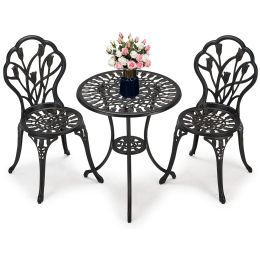 3-Piece Bistro Table Set, Cast Aluminum Outdoor Bistro Furniture Set, Patio Bistro Sets with Small Round Table and 2 Chairs for Porch, Lawn, Garden, B (Color: Black)