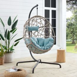 Patio Wicker Swing Egg Chair Basket Rattan Teardrop Hanging Lounge Chair with Stand and Cushions (Color: Blue)
