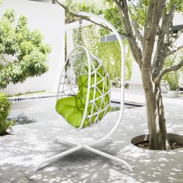 Swing Egg Chair with Stand Indoor Outdoor Wicker Rattan Patio Basket Hanging Chair with C Type bracket ;  with cushion and pillow; Patio Wicker foldin (Color: White)