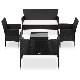 5 Piece Garden Lounge Set With Cushions Poly Rattan Black (Color: Black)