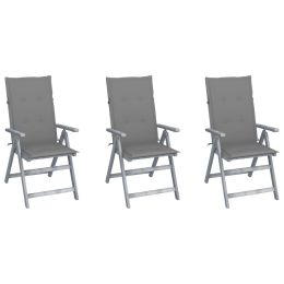 Garden Reclining Chairs 3 pcs with Cushions Solid Acacia Wood (Color: Grey)