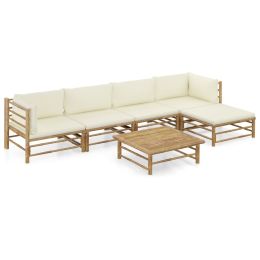 6 Piece Garden Lounge Set with Cream White Cushions Bamboo (Color: Brown)