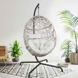 Patio Wicker Swing Egg Chair Basket Rattan Teardrop Hanging Lounge Chair with Stand and Cushions (Color: Beige)