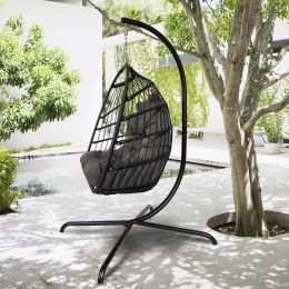 Swing Egg Chair with Stand Indoor Outdoor Wicker Rattan Patio Basket Hanging Chair with C Type bracket ;  with cushion and pillow; Patio Wicker foldin (Color: Black)