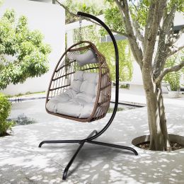 Swing Egg Chair with Stand Indoor Outdoor Wicker Rattan Patio Basket Hanging Chair with C Type bracket ;  with cushion and pillow; Patio Wicker foldin (Color: Beige)